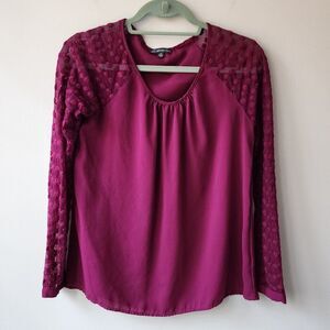 ADRIANNA PAPELL Scoop Neck Blouse |  Mesh Sleeves | Embroidery | Berry Sangria